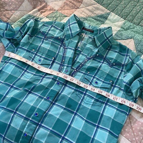 Y2K Rock 47 by Wrangler Pearl Snap Shirt Womens M Blue Plaid 2000s Western - Picture 7 of 7